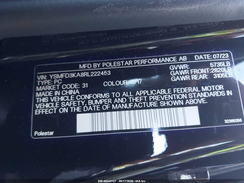 2024 Polestar 2 Long Range Dual Motor/Long Range Dual Motor Plus VIN: YSMFD3KA8RL222453 Lot: 45343127
