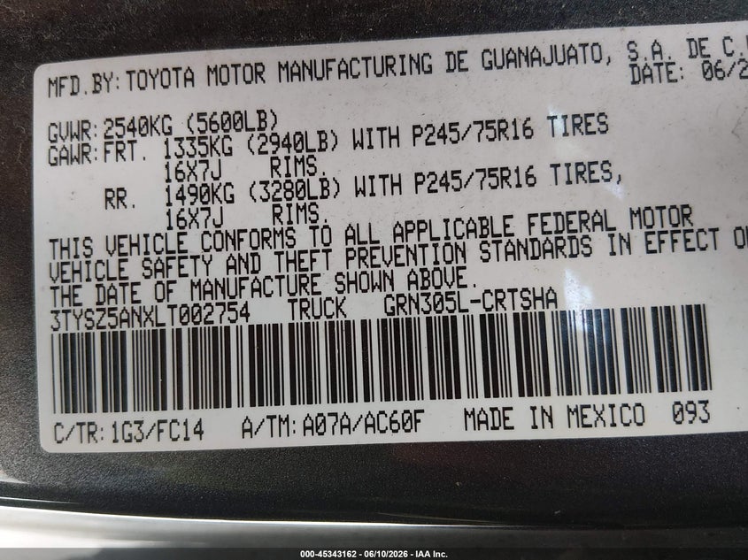 2020 Toyota Tacoma Sr5 V6 VIN: 3TYSZ5ANXLT002754 Lot: 45343162