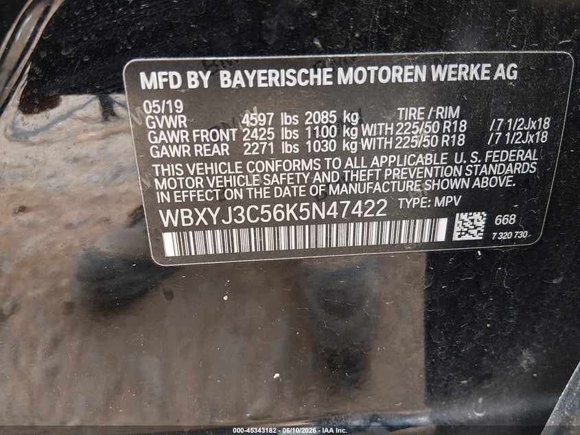 2019 BMW X2 Sdrive28I VIN: WBXYJ3C56K5N47422 Lot: 45343182