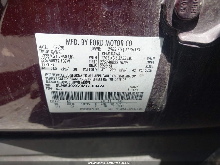 2021 Lincoln Aviator Black Label VIN: 5LM5J9XC9MGL00424 Lot: 45343218