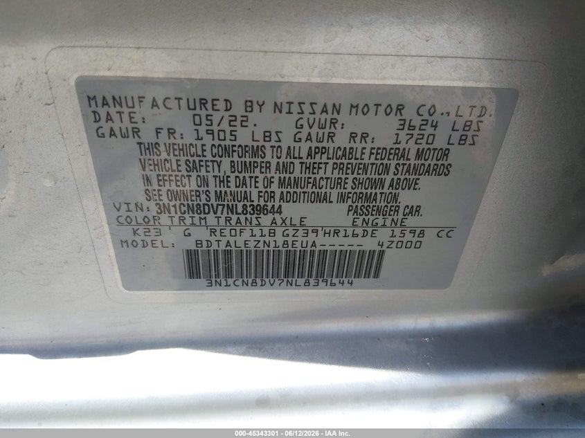 2022 Nissan Versa 1.6 S Xtronic Cvt VIN: 3N1CN8DV7NL839644 Lot: 45343301