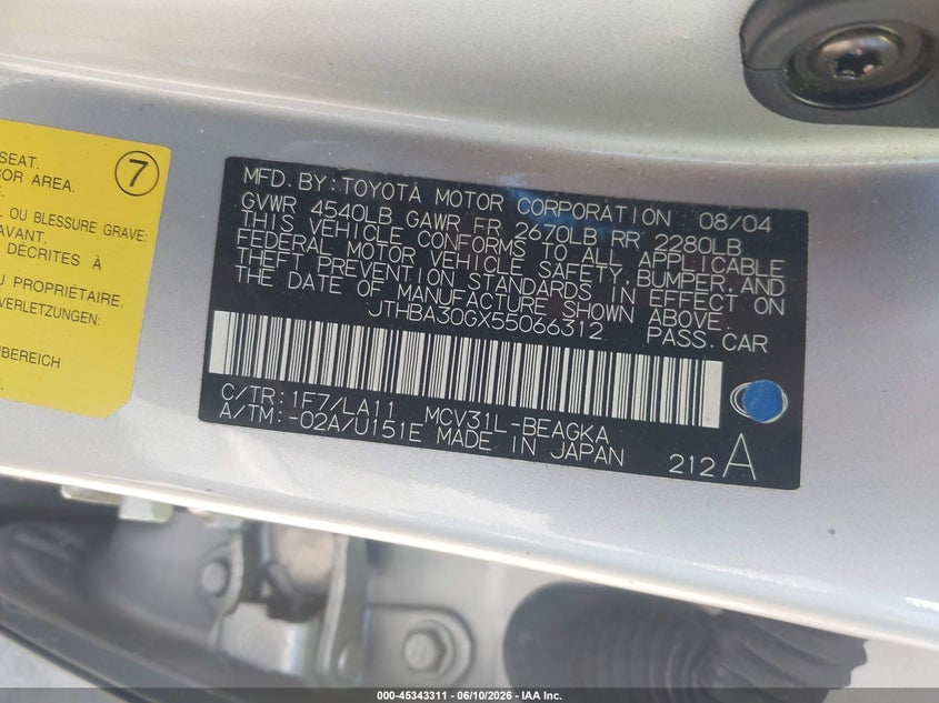 2005 Lexus Es 330 VIN: JTHBA30GX55066312 Lot: 45343311