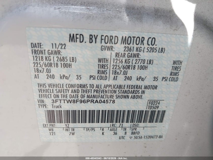 2023 Ford Maverick Xlt VIN: 3FTTW8F96PRA04578 Lot: 45343343