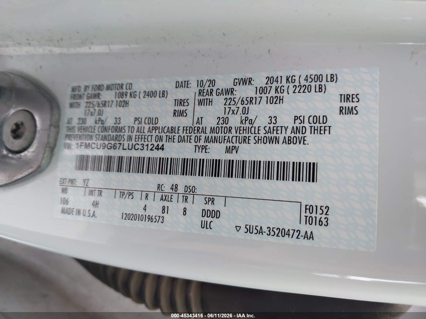 VIN 1FMCU9G67LUC31244 2020 FORD ESCAPE SE