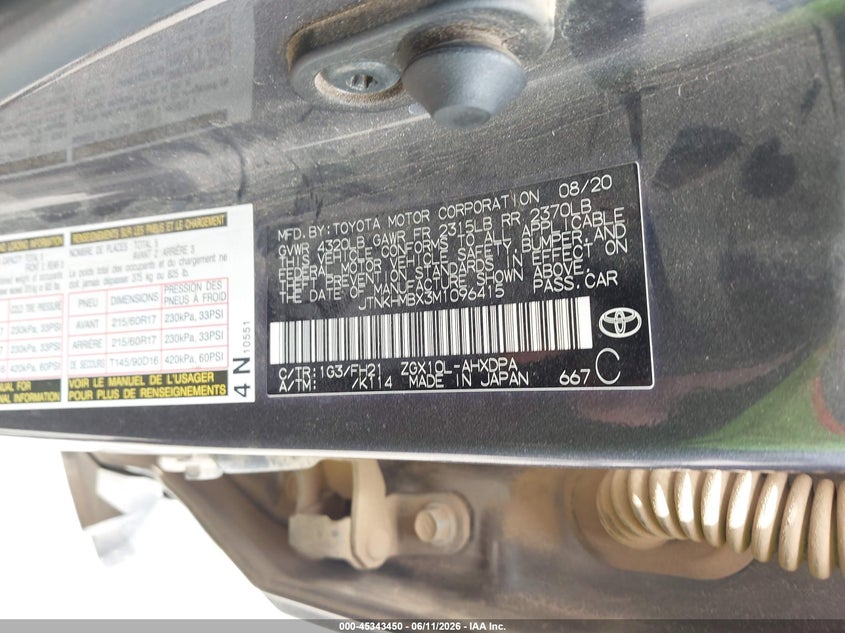 2021 Toyota C-Hr Le VIN: JTNKHMBX3M1096415 Lot: 45343450