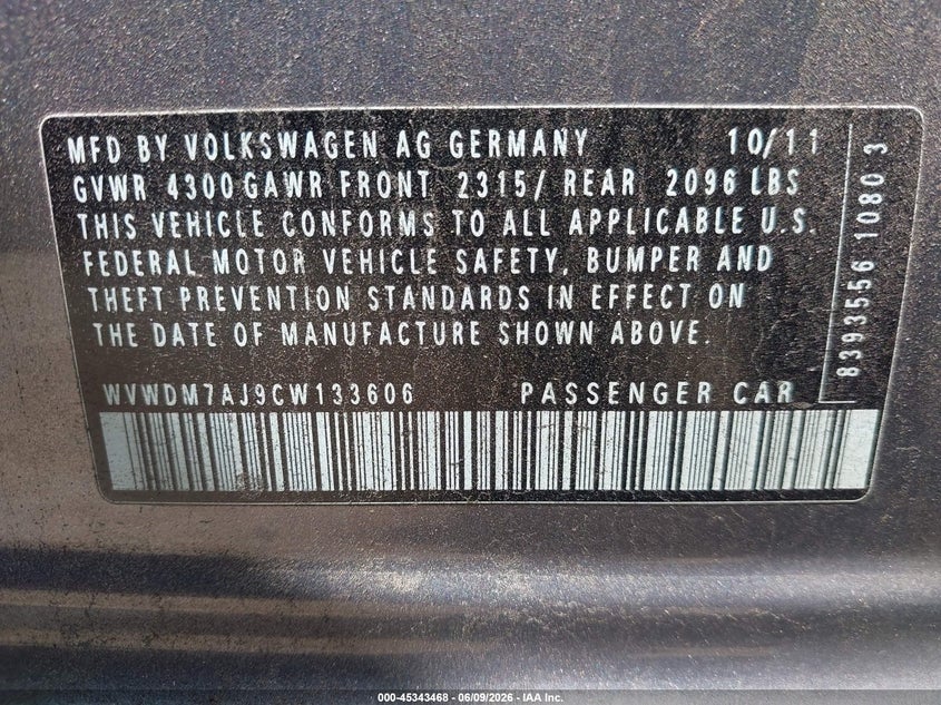 2012 Volkswagen Golf Tdi 4-Door VIN: WVWDM7AJ9CW133606 Lot: 45343468