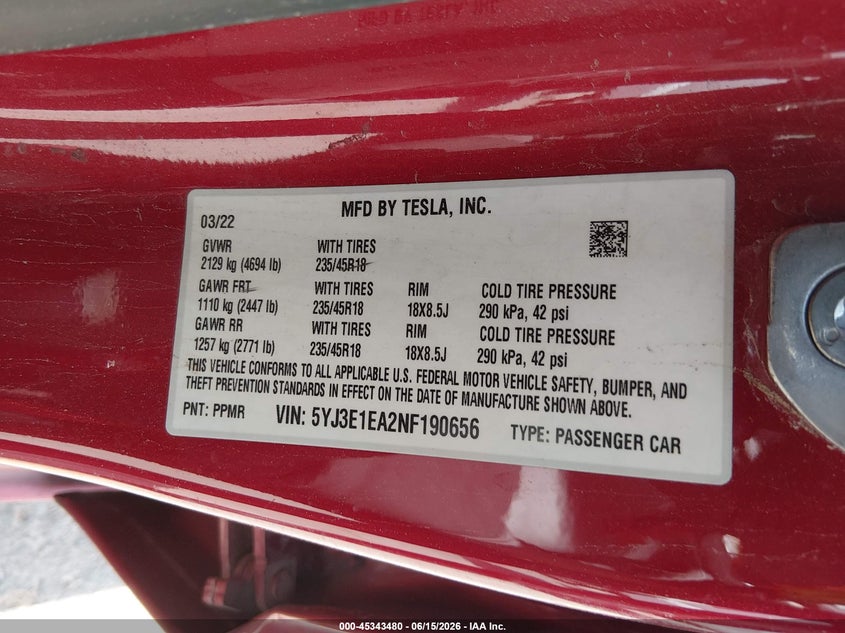 TESLA MODEL 3 2022 VIN 5YJ3E1EA2NF190656