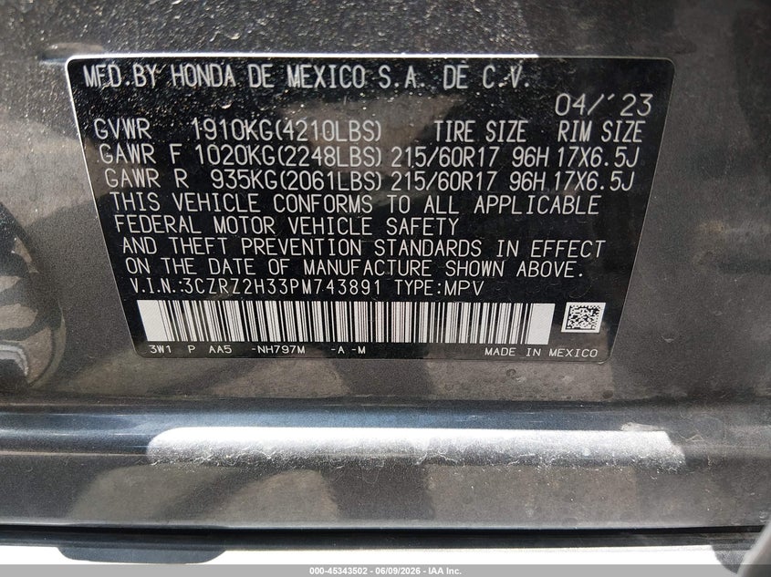 2023 HONDA HR-V(VIN: 3CZRZ2H33PM743891