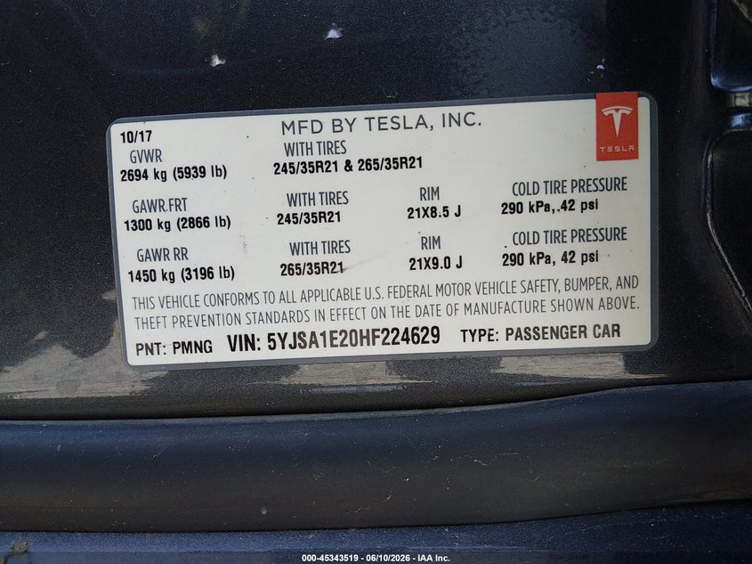 2017 Tesla Model S 100D/60D/75D/90D/P100D VIN: 5YJSA1E20HF224629 Lot: 45343519