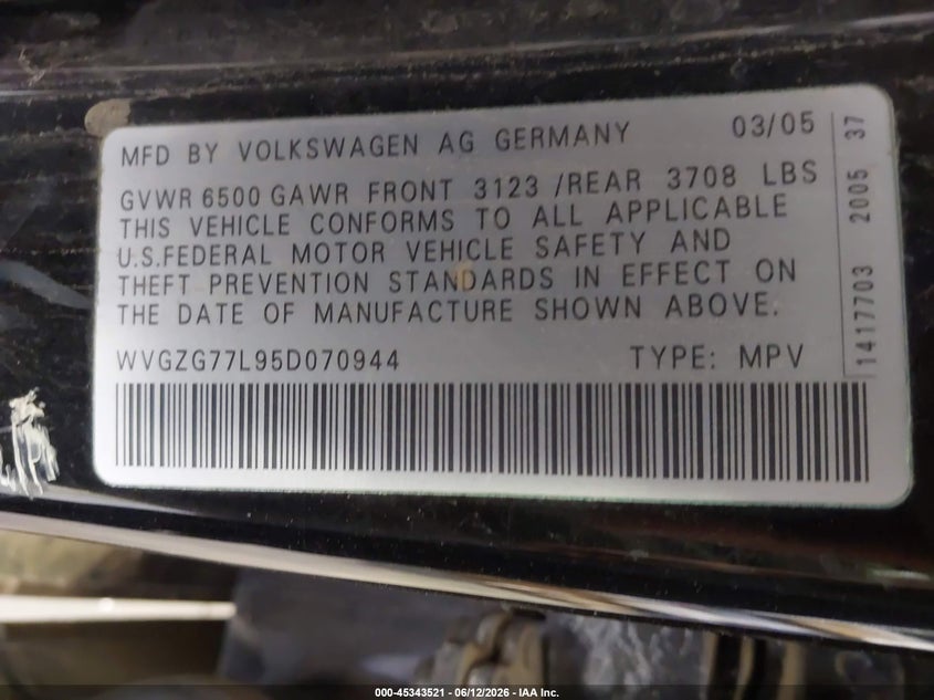 2005 Volkswagen Touareg V6/V6 (A6) VIN: WVGZG77L95D070944 Lot: 45343521