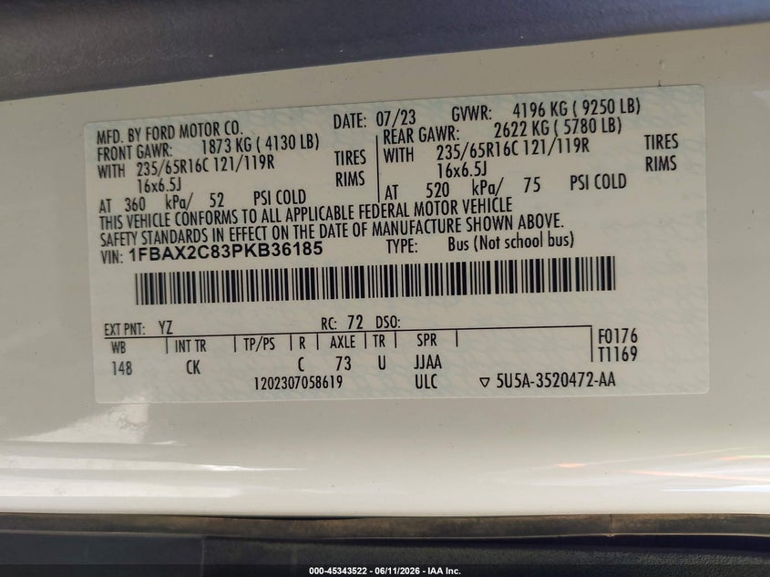 VIN 1FBAX2C83PKB36185 2023 FORD TRANSIT-350 PASSENGER VAN XLT