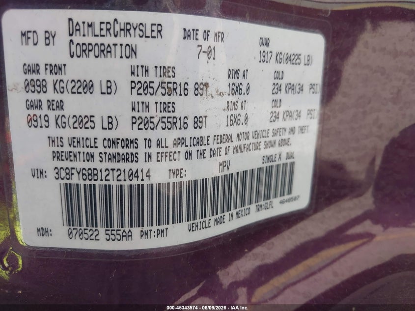 2002 Chrysler Pt Cruiser Limited/Dream Cruiser VIN: 3C8FY68B12T210414 Lot: 45343574