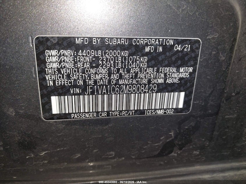 2021 Subaru Wrx Premium VIN: JF1VA1C62M9808429 Lot: 45343593