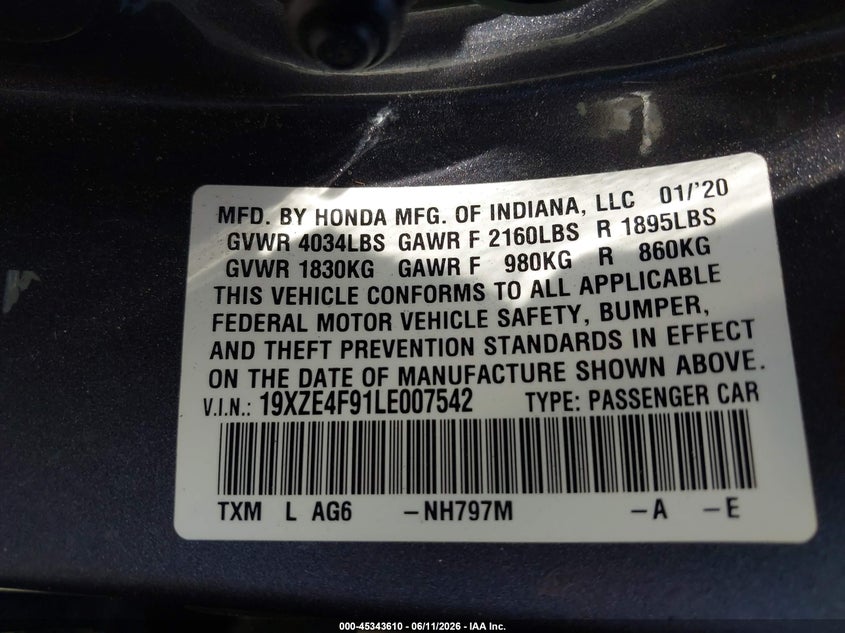 2020 Honda Insight Touring VIN: 19XZE4F91LE007542 Lot: 45343610