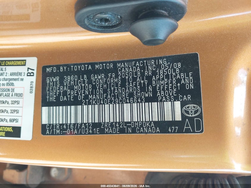 2009 Toyota Matrix VIN: 2T1KU40E29C046643 Lot: 45343641