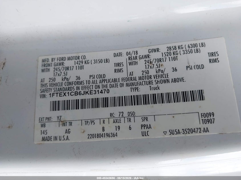 VIN 1FTEX1CB6JKE31470 2018 FORD F-150 XL
