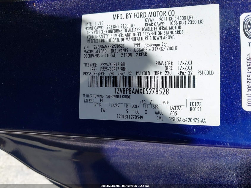 FORD MUSTANG 2014 VIN 1ZVBP8AMXE5278528