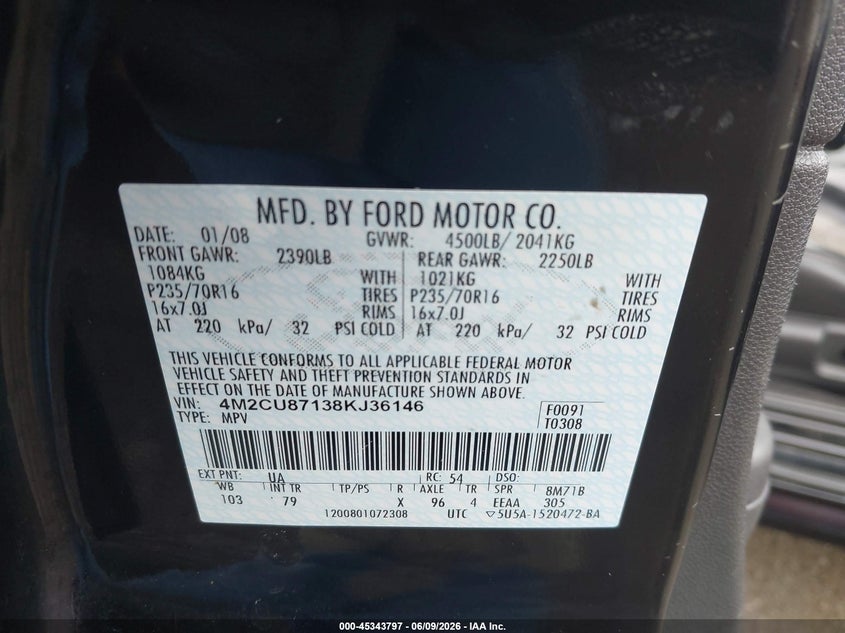 2008 Mercury Mariner Premier VIN: 4M2CU87138KJ36146 Lot: 45343797