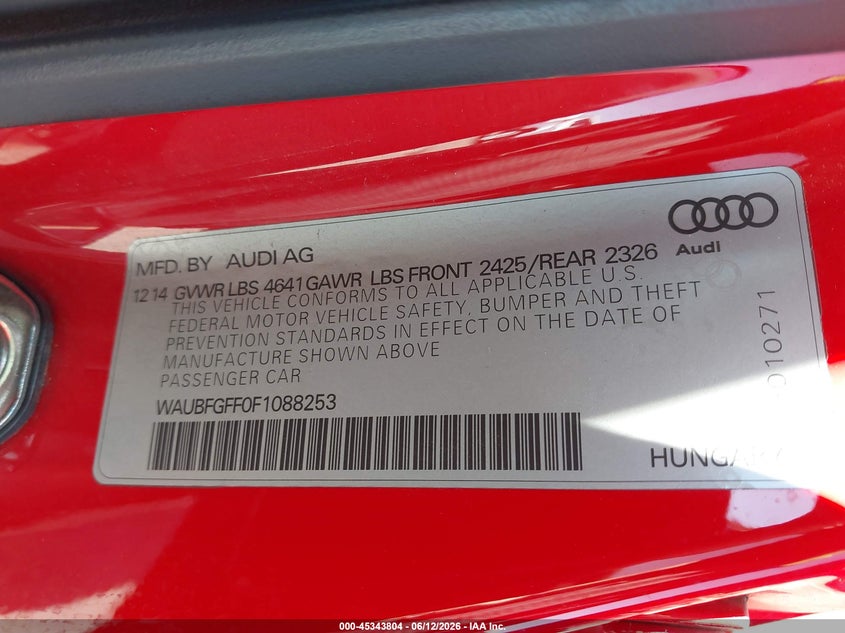 2015 Audi S3 2.0T Premium Plus VIN: WAUBFGFF0F1088253 Lot: 45343804