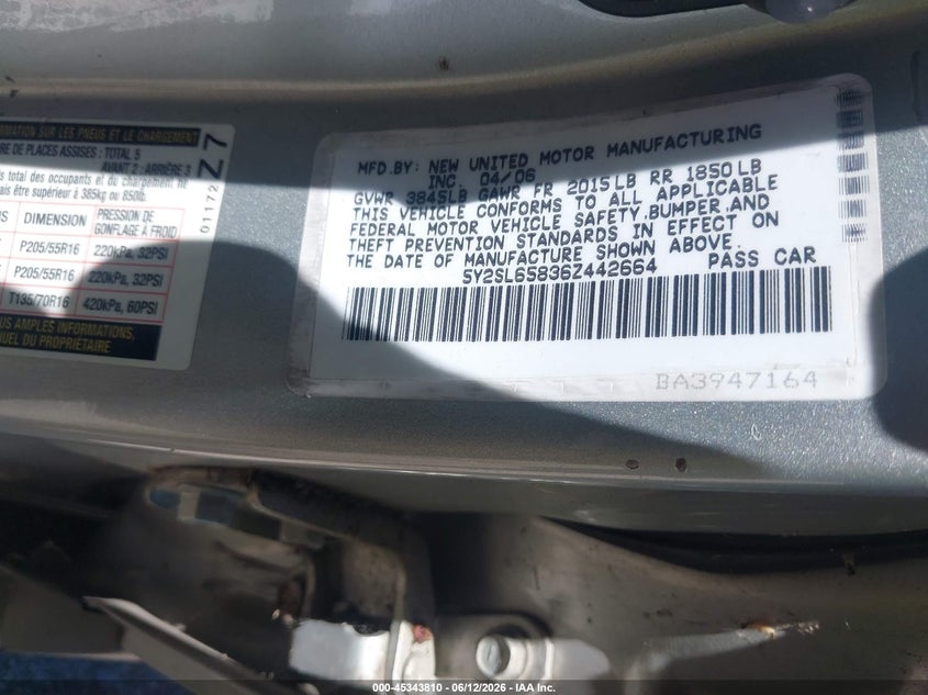2006 Pontiac Vibe VIN: 5Y2SL65836Z442664 Lot: 45343810
