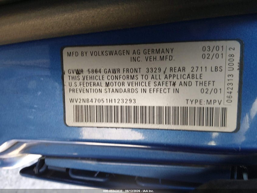 2001 Volkswagen Eurovan Mv VIN: WV2NB47051H123293 Lot: 45343838