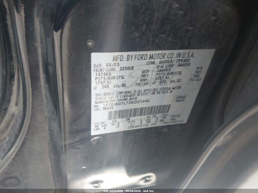 FORD F-150 2003 VIN 1FTRW07L73KD31446