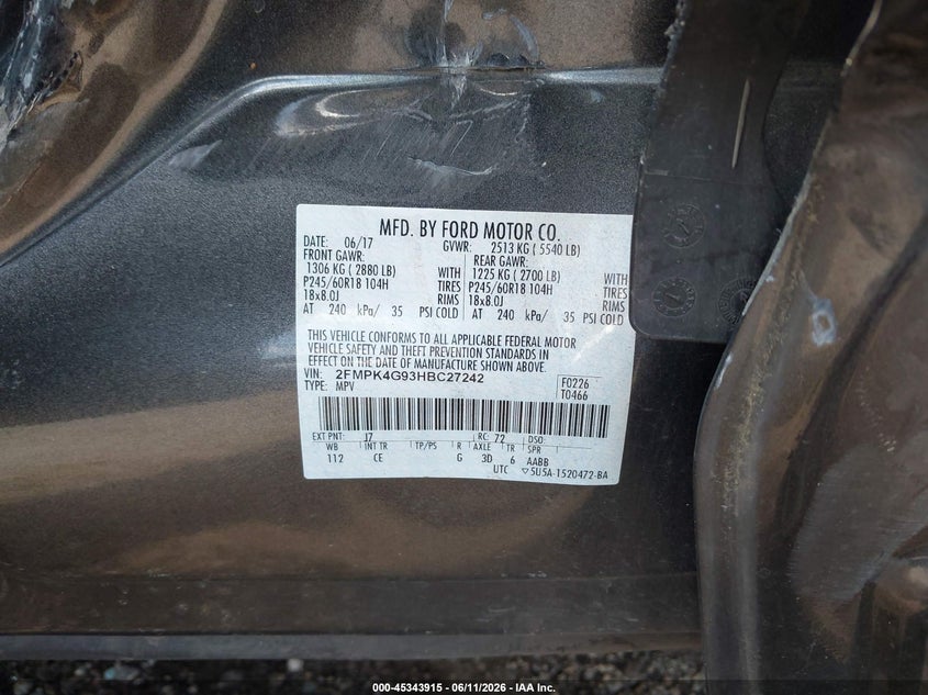 VIN 2FMPK4G93HBC27242 2017 FORD EDGE SE