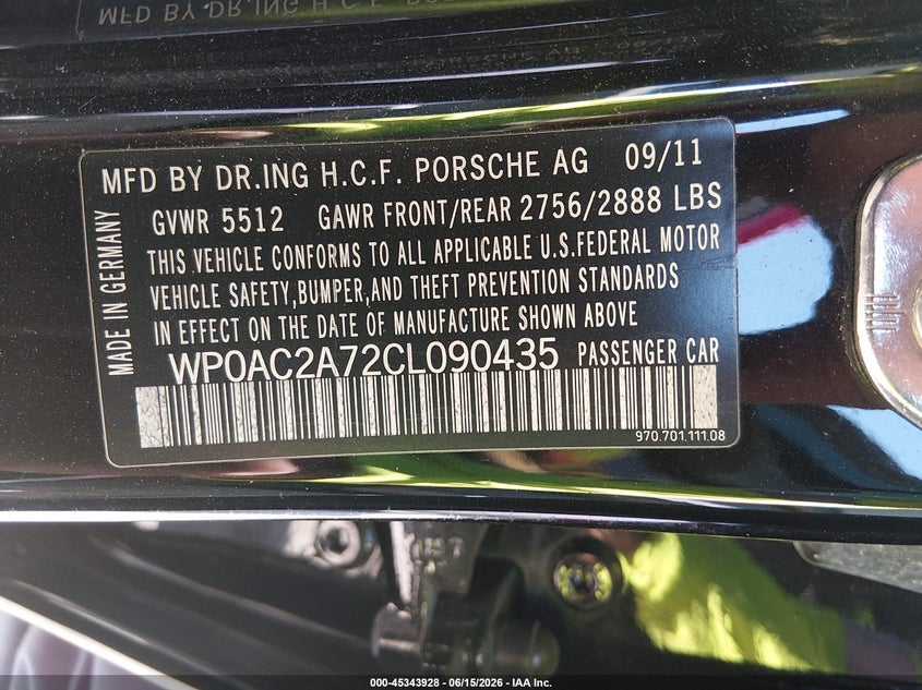 2012 Porsche Panamera Turbo VIN: WP0AC2A72CL090435 Lot: 45343928