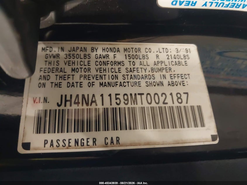 1991 ACURA NSX COUPE 3.0L V6 FI DOHC 24V F4