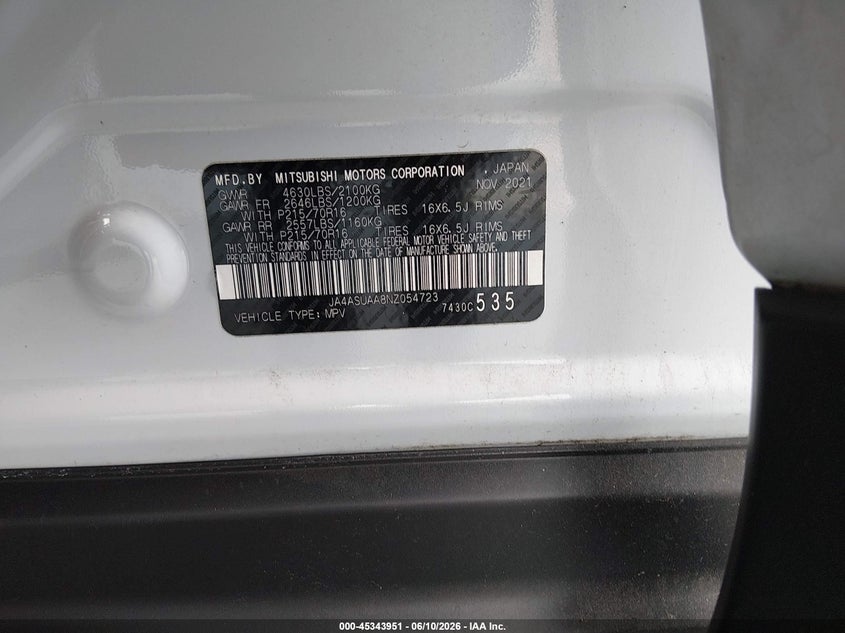 2022 Mitsubishi Eclipse Cross Es VIN: JA4ASUAA8NZ054723 Lot: 45343951