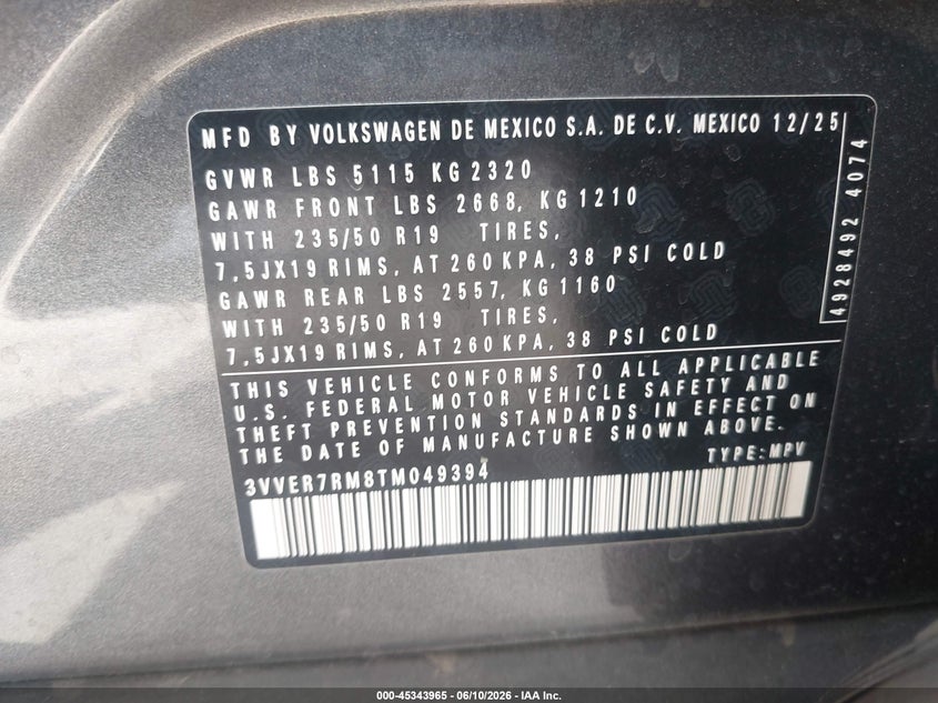 2026 Volkswagen Tiguan Se VIN: 3VVER7RM8TM049394 Lot: 45343965