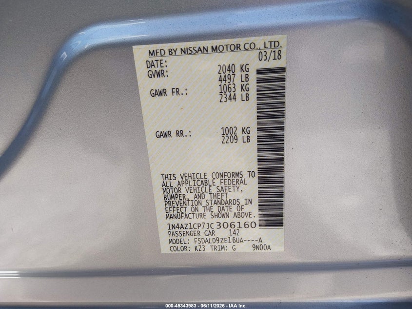 2018 Nissan Leaf Sv VIN: 1N4AZ1CP7JC306160 Lot: 45343983