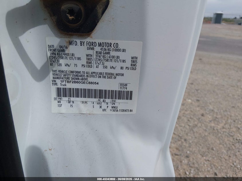 Vin: 1ftbf2b60gec88054, lot: 45841928, ford f-250 xl 20164