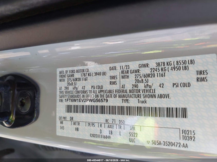 FORD F-150 LIGHTNING 2023 VIN 1FT6W1EV2PWG56579