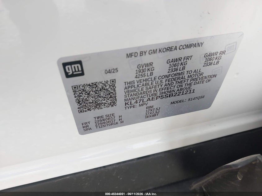 2025 Buick Envista Preferred Fwd VIN: KL47LAEP5SB221211 Lot: 45344051