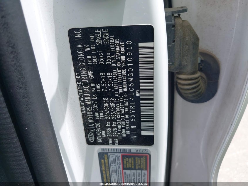 2021 Kia Sorento S VIN: 5XYRL4LC5MG010910 Lot: 45344058