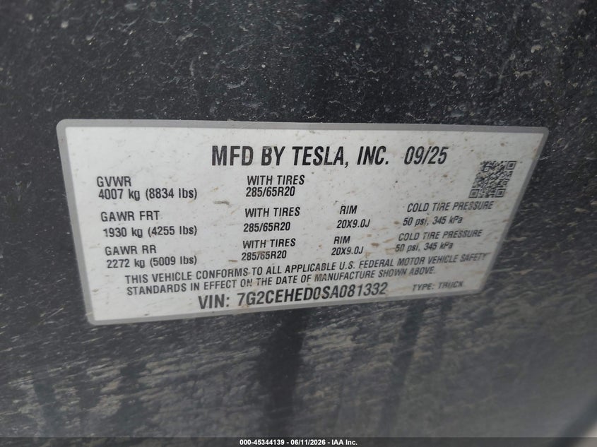 2025 Tesla Cybertruck All-Wheel Drive VIN: 7G2CEHED0SA081332 Lot: 45344139