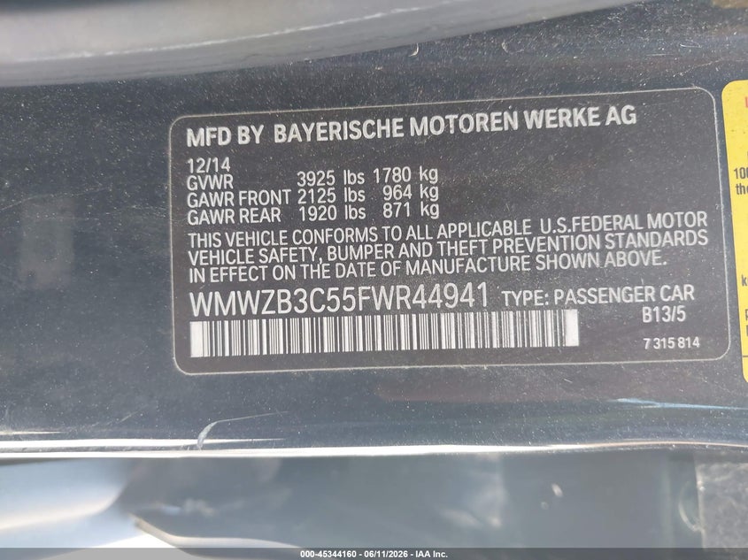 2015 Mini Countryman Cooper VIN: WMWZB3C55FWR44941 Lot: 45344160