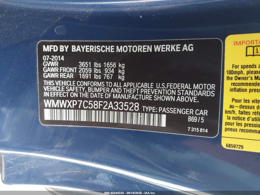 2015 Mini Hardtop Cooper S VIN: WMWXP7C58F2A33528 Lot: 45344326