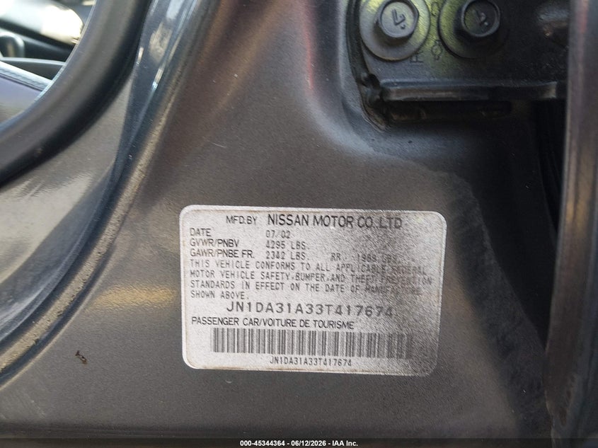 2003 Nissan Maxima Gle VIN: JN1DA31A33T417674 Lot: 45344364