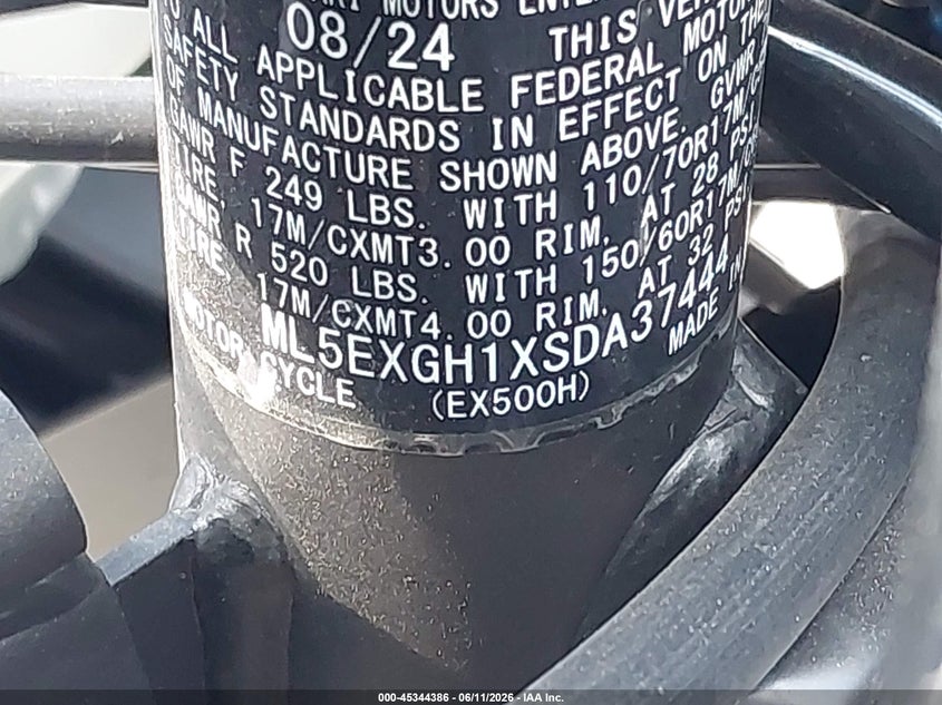 2025 Kawasaki Ex500 H VIN: ML5EXGH1XSDA37444 Lot: 45344386