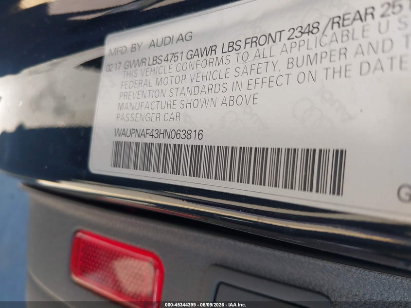VIN WAUPNAF43HN063816 2017 AUDI A4 PREMIUM PLUS