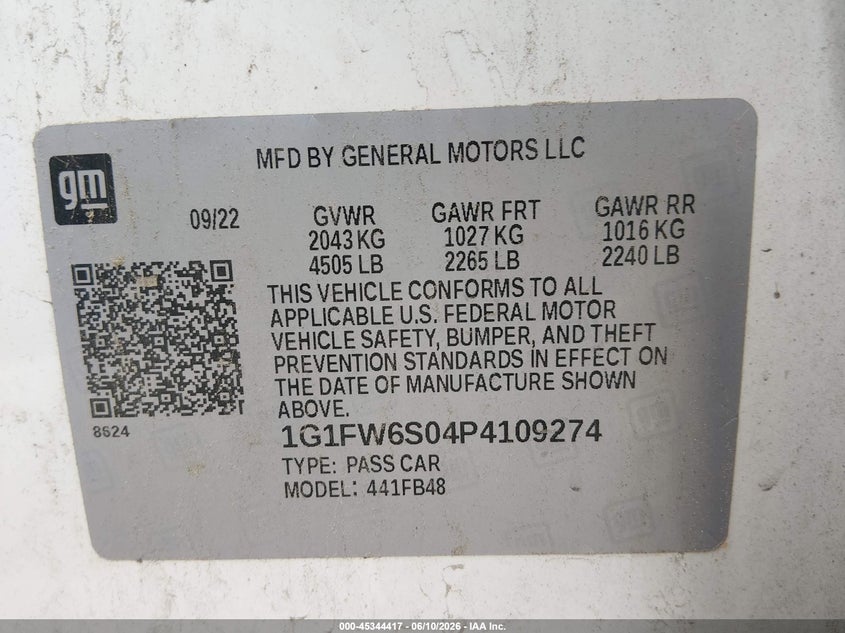 2023 Chevrolet Bolt Ev Fwd 1Lt VIN: 1G1FW6S04P4109274 Lot: 45344417