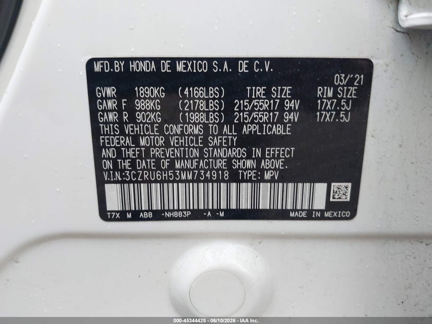 2021 Honda Hr-V Awd Ex VIN: 3CZRU6H53MM734918 Lot: 45344425