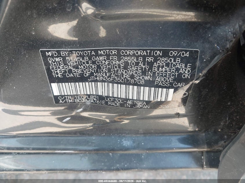 2005 Lexus Ls 430 VIN: JTHBN36F350178708 Lot: 45344446
