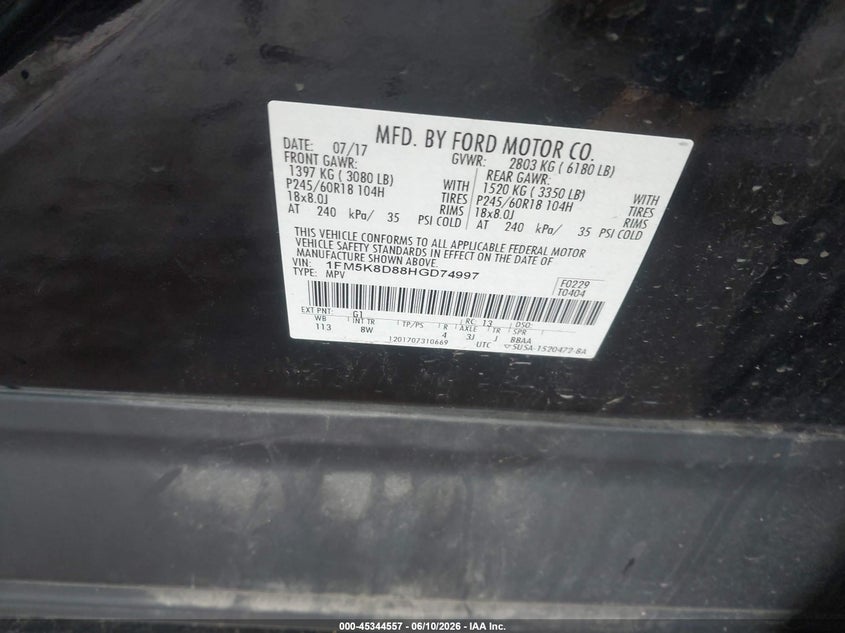VIN 1FM5K8D88HGD74997 2017 FORD EXPLORER XLT