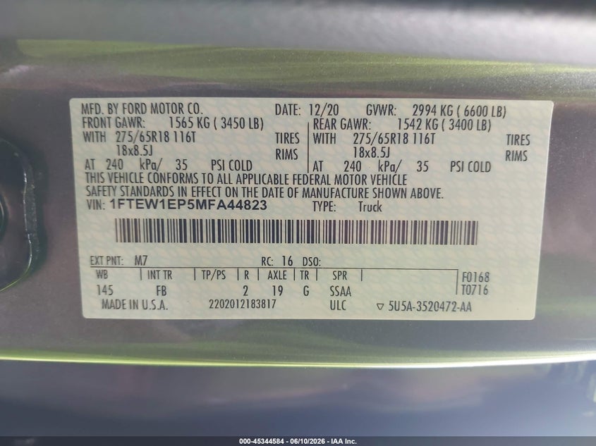 VIN 1FTEW1EP5MFA44823 2021 FORD F-150 XLT