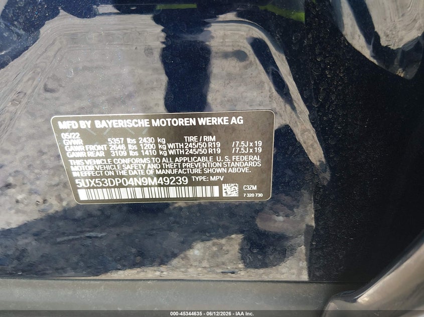 2022 BMW X3 SPORT UTILITY VEHICLE 2.0L I-4 DI, DOHC, VVT, TURBO, 248HP