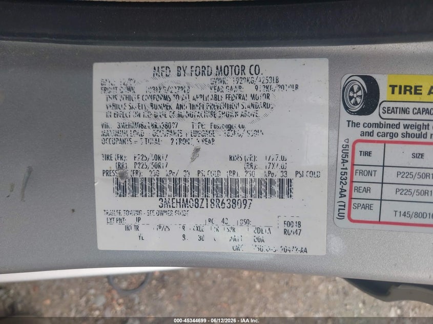 2008 Mercury Milan I4 Premier VIN: 3MEHM08Z18R638097 Lot: 45344699