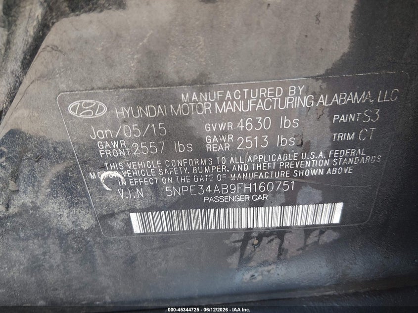 HYUNDAI SONATA 2015 VIN 5NPE34AB9FH160751